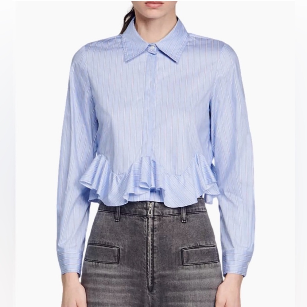 Sandro Light Blue Striped Ruffle Blouse